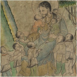 Del mismo conjunto anterior, escena de arte tibetana de Jesús y los niños