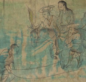 Tapiz tibetano antiguo con escena de la vida de Jesús: Entrada triunfal subido en un burro y mujer con palma de victoria