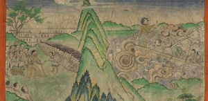 Thangka antiguo tibetano con escena de la vida de Jesus