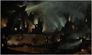 Fragmento superior del panel derecha, del cuadro El Jardín de las Delicias de El Bosco, extraído de la Wikipedia